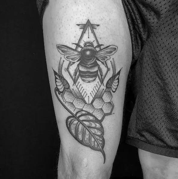 Honey Bee and Bodhi Leaf Arm Tattoo