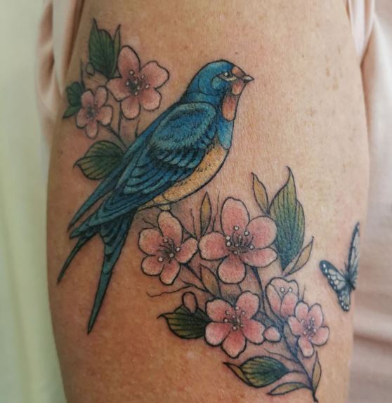 Pink Flowers with Colorful Swallow Tattoo