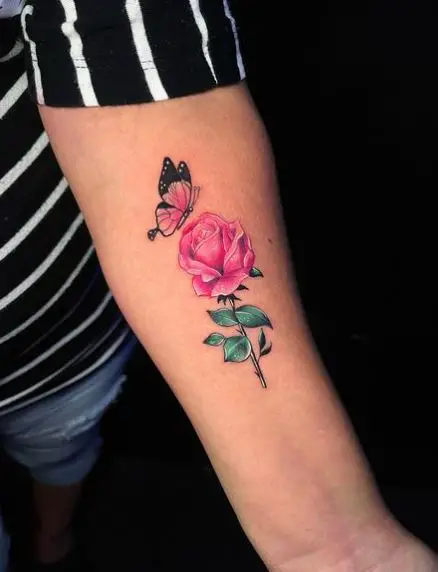 Pink Rose and Butterfly Forearm Tattoo