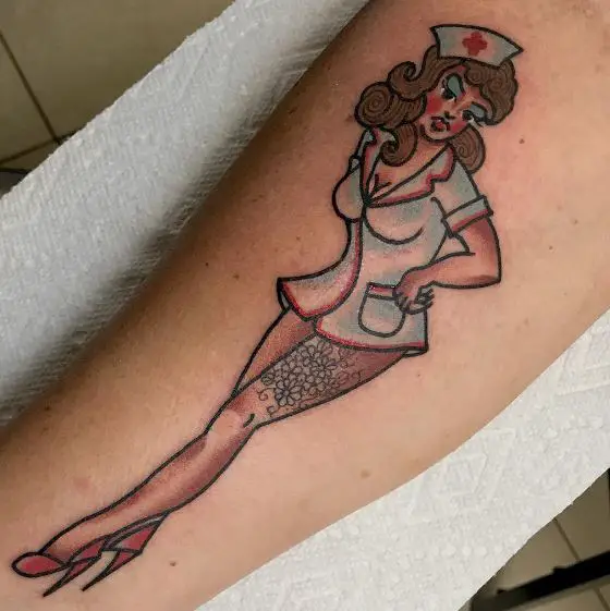 Nurse in Short Skirt and Red High Heels Tattoo