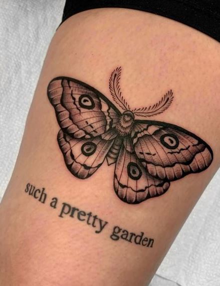 Black and Grey Moth Thigh Tattoo