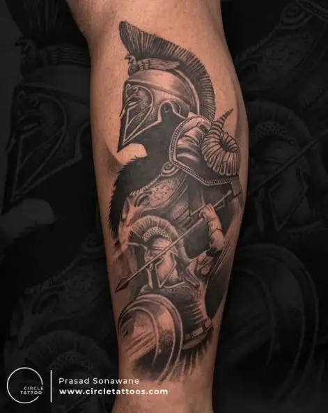 Fighting Spartan with Shield and Spear Tattoo