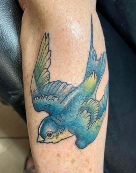 Colorful Flying Swallow Leg Tattoo