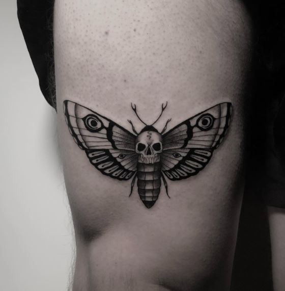 Black Skull Head Moth Thigh Tattoo