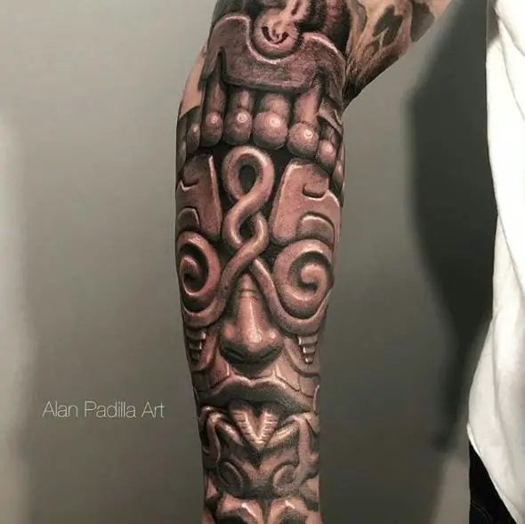 Realistic Mayan Carvings Arm Sleeve Tattoo