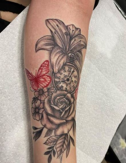 Clock and Flowers with Red Butterfly Forearm Tattoo