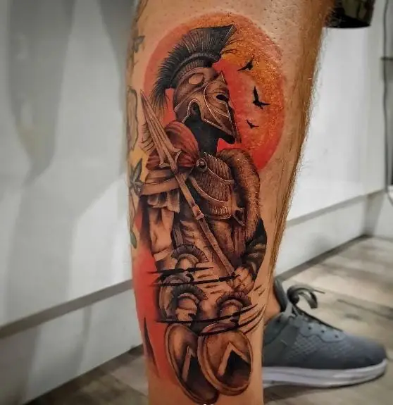 Spartan Warrior and Spartans in Battle Leg Tattoo