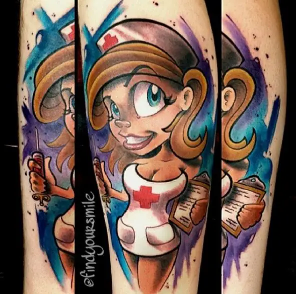 Nurse Cartoon Tattoo with Watercolor Background