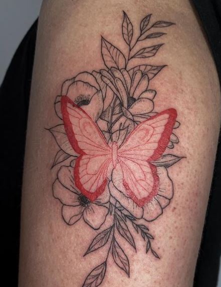 Black Flowers and Red Butterfly Arm Tattoo