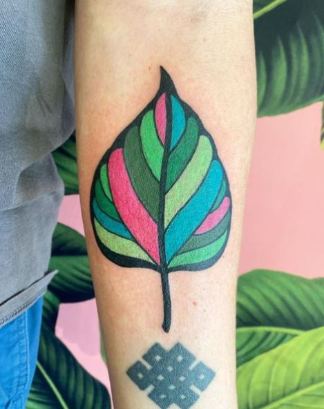 Colorful Bodhi Leaf Forearm Tattoo