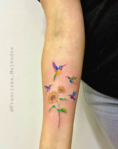 Sunflowers and Flock Of Hummingbirds Tattoo