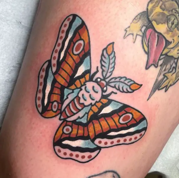 Colored Frog and Moth Thigh Tattoo