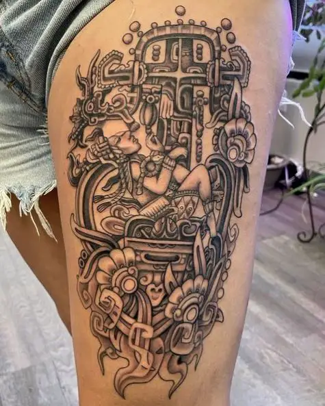 Pacal the Great and Mayan Carvings Thigh Tattoo