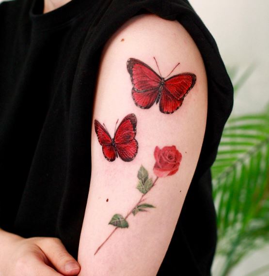 Red Rose with Butterflies Arm Tattoo