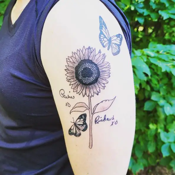 Sunflower and Butterflies Biceps Tattoo