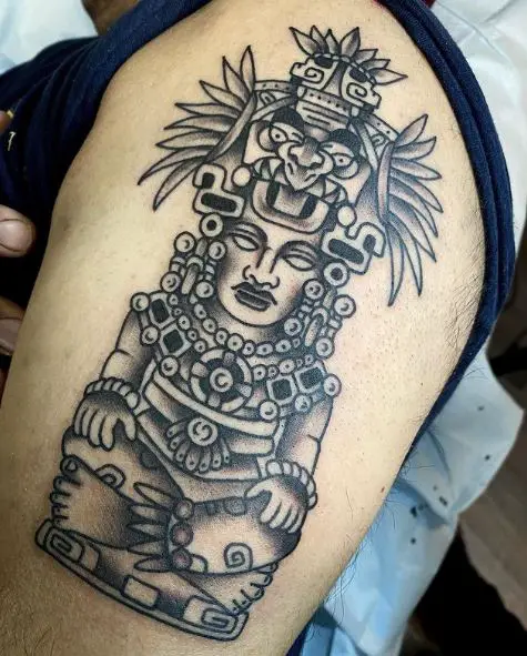 Grey Mayan Carvings Arm Tattoo