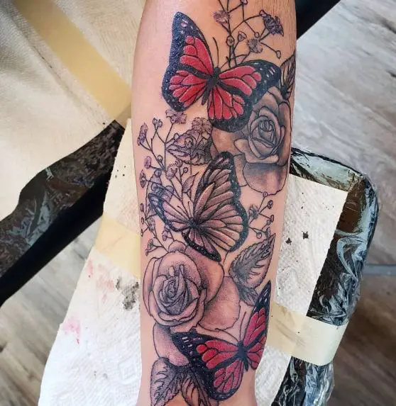 Grey Roses and Red Butterflies Sleeve Arm Tattoo