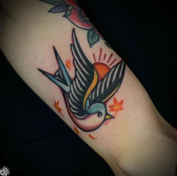 Sun in Background Swallow with Yellow Leaves Tattoo