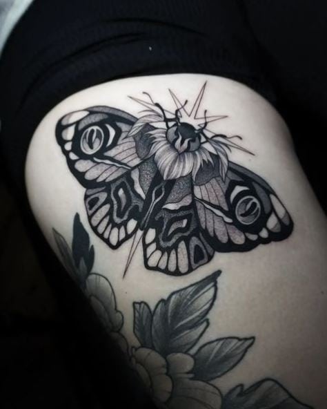 Big Dark Grey Moth Hip Tattoo