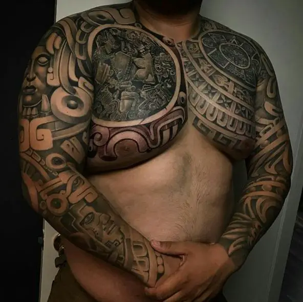 Mayan Carvings Chest and Arms Sleeve Tattoo