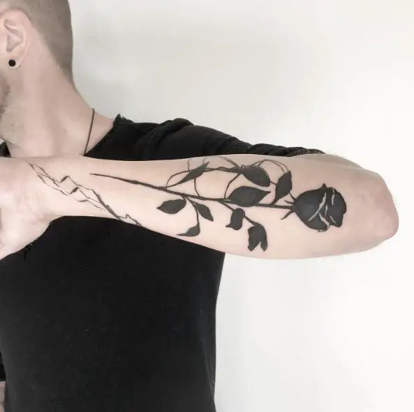 Black Inked Rose Forearm Tattoo