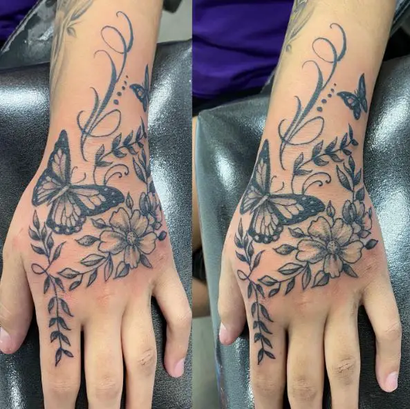 Grey Flowers and Butterflies Hand Tattoo