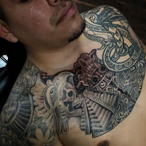 Grey Mayan Carvings Chest Tattoo