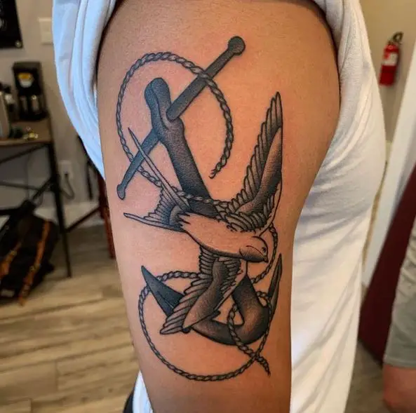 Grey Anchor and Swallow Biceps Tattoo