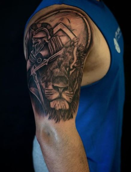 Lion Head and Fighting Spartan with Spear Shoulder Tattoo