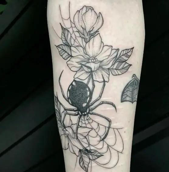 Black and Grey Floral Spider Arm Tattoo
