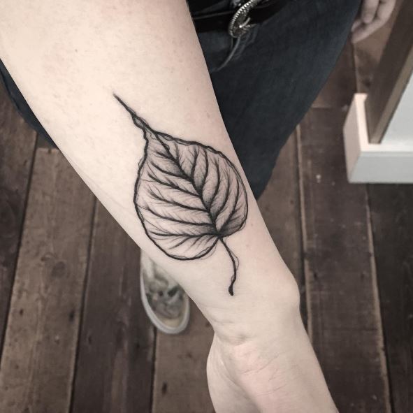 Black and Grey Bodhi Leaf Wrist Tattoo