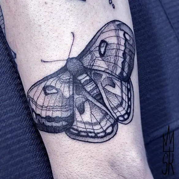 Black and Grey Moth Thigh Tattoo