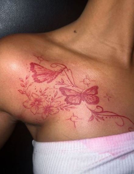 Red Flowers and Butterflies Chest Tattoo