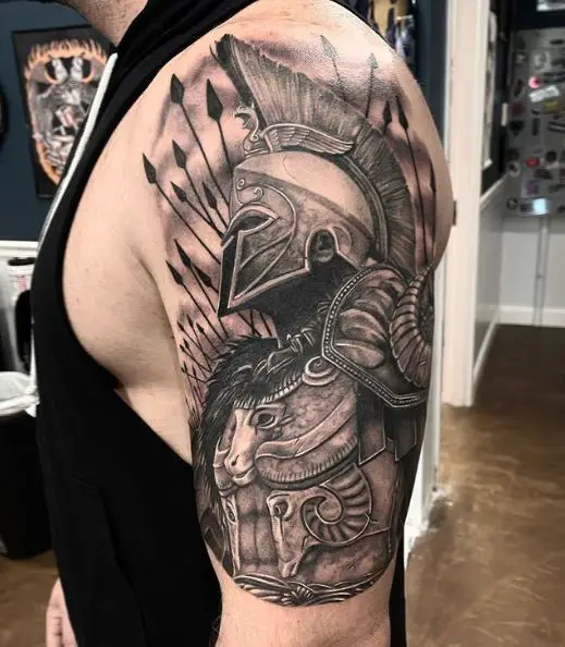 Spears Background and Spartan Warrior Arm Tattoo