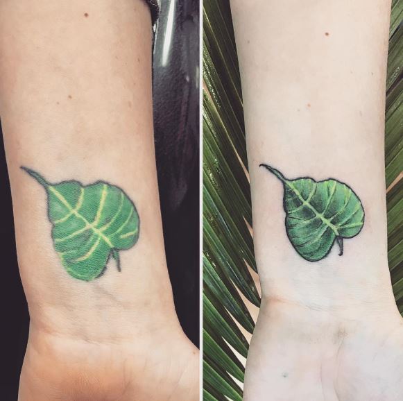 Green Realistic Bodhi Leaf Wrist Tattoo