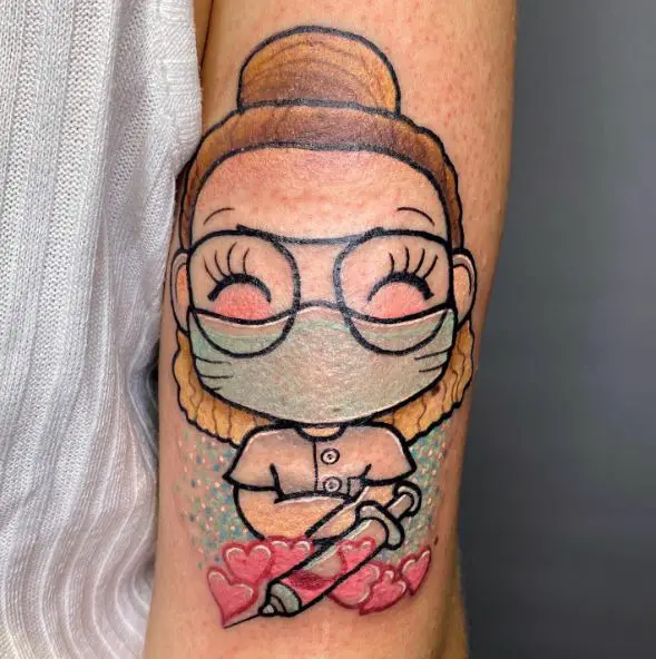 Nurse with Mask Syringe and Hearts Tattoo