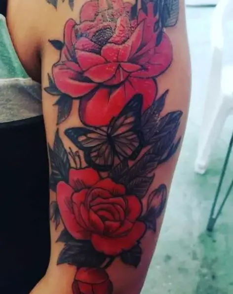 Red Roses and Butterfly Arm Tattoo