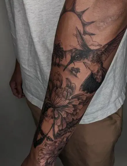 Big Floral Hummingbird Tattoo on Arm