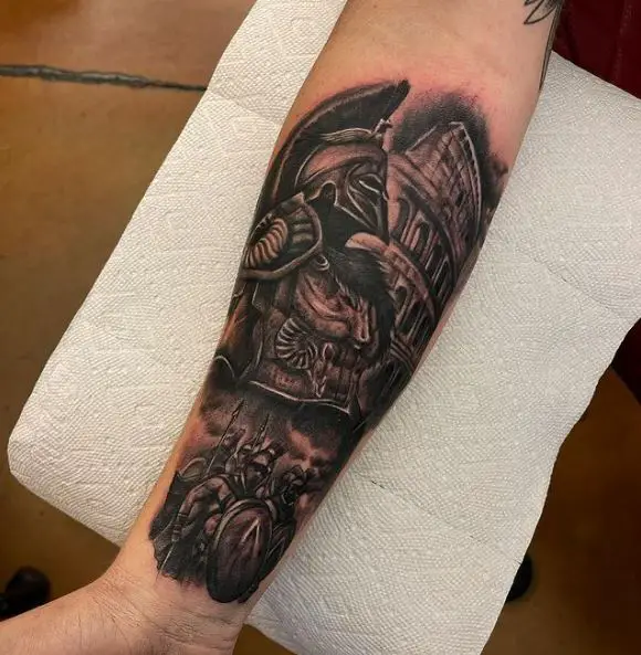 Colosseum and Spartan Warrior with Army Forearm Tattoo
