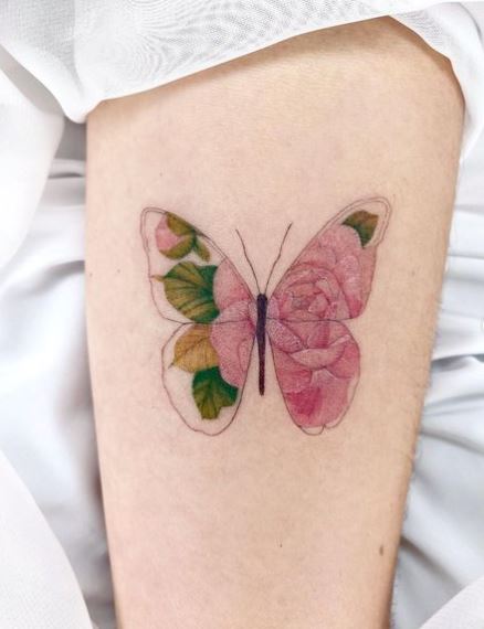 Peony Flower on Butterfly Wings Arm Tattoo