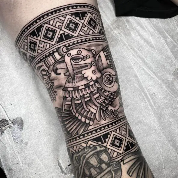 Black and Grey Mayan Carvings Tattoo