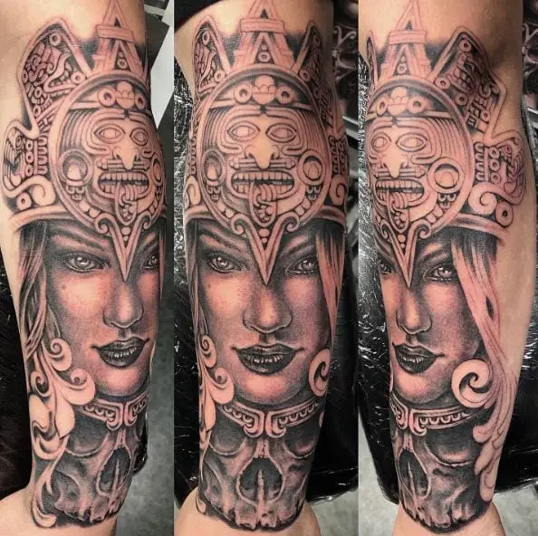 Realistic Grey Mayan Queen with Crown Tattoo
