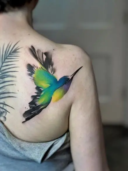 Realistic Colorful Hummingbird Tattoo on Back