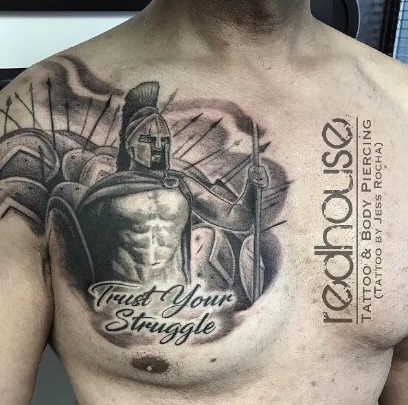 Spartan Warrior Leading Army of Spartans Chest Tattoo