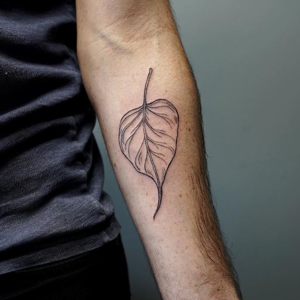 Linework Bodhi Leaf Forearm Tattoo