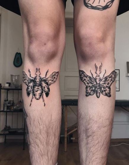 Black Matching Moths under Knees Tattoo