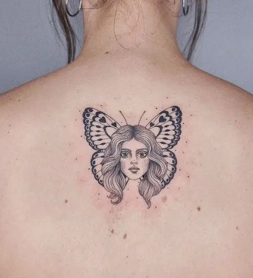 Girl Head with Butterfly Wings Spine Tattoo