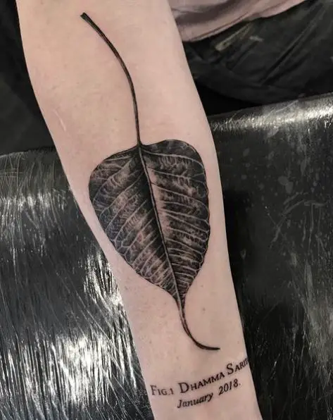 Black and Grey Bodhi Leaf Forearm Tattoo