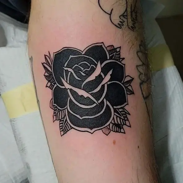 Black Inked Rose Elbow Tattoo