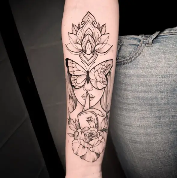 Girl with Flowers and Butterfly Forearm Tattoo